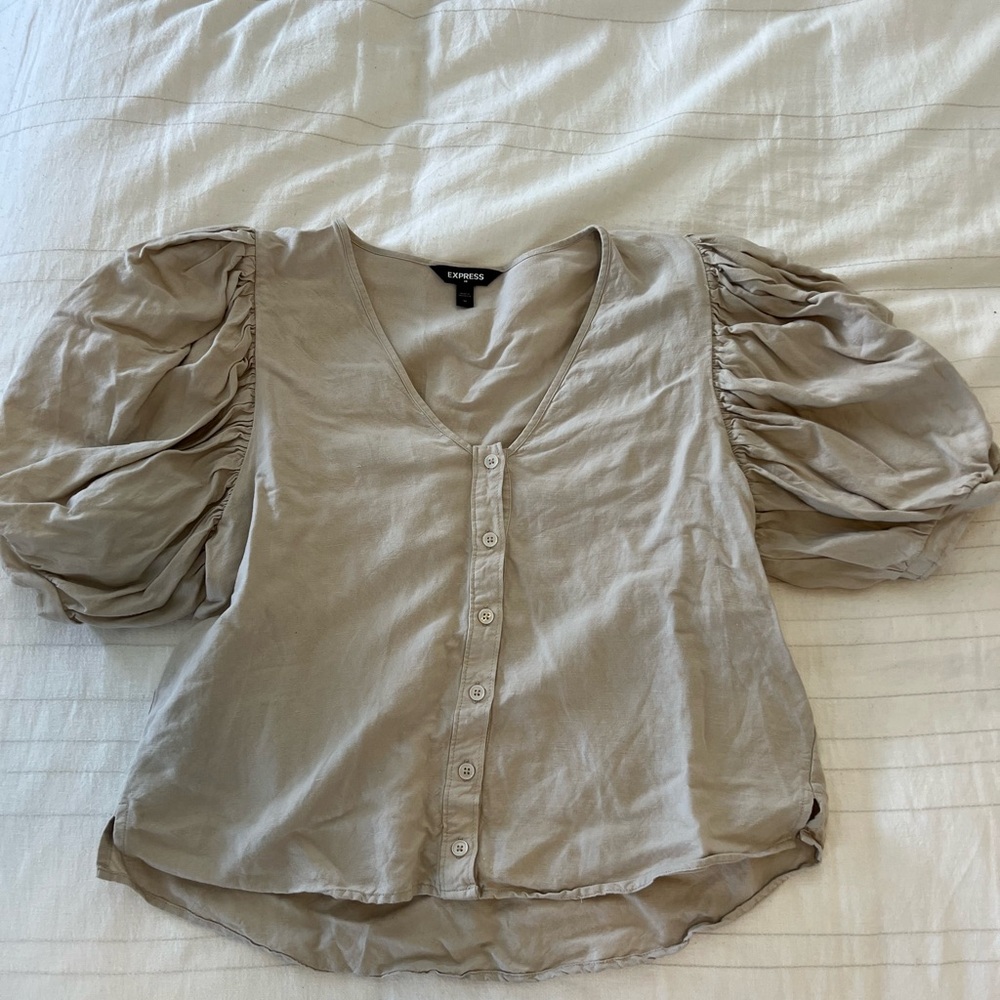 Express Linen Button-Down Puff Sleeve Blouse - image 1
